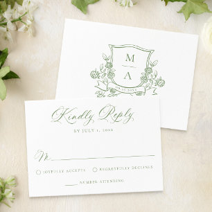 Cartons Réponse Blason Floral Vert Élégant Monogramme de Mariage