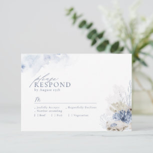 Cartons Réponse Bleu aquarelle corail & coquillages plage mariage