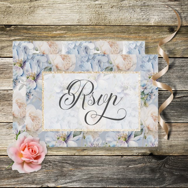 Cartons Réponse Bleu & blanc Rustique Floral Gold Frame Mariage RS (Créateur téléchargé)