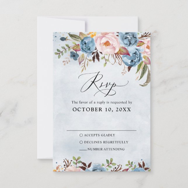 Cartons Réponse Bleu Dusty Peach Blush Botanical Floral Mariage (Devant)