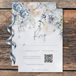 Cartons Réponse Bleu et blanc Floral Moderne Mariage QR Code