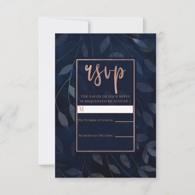 Cartons Réponse Bleu foncé Botanique Feuille Rose Gold Wedding RSV (Devant)