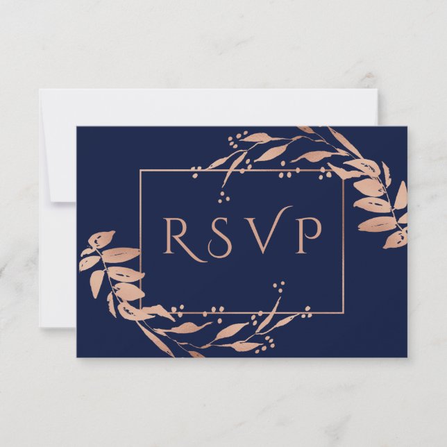 Cartons Réponse Bleu Marine | Élégant Rose Mariage de houillère or (Devant)