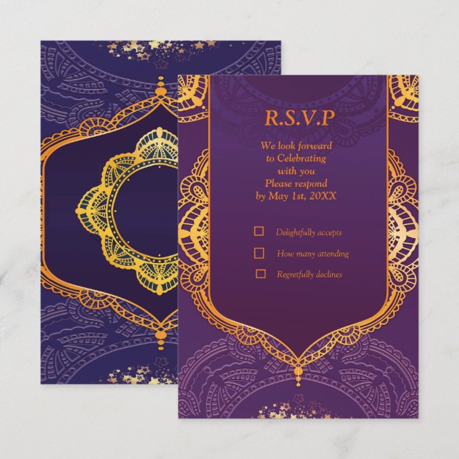 Cartons Réponse Bleu marine ou violet avec Mandalas or (Devant / Derrière)