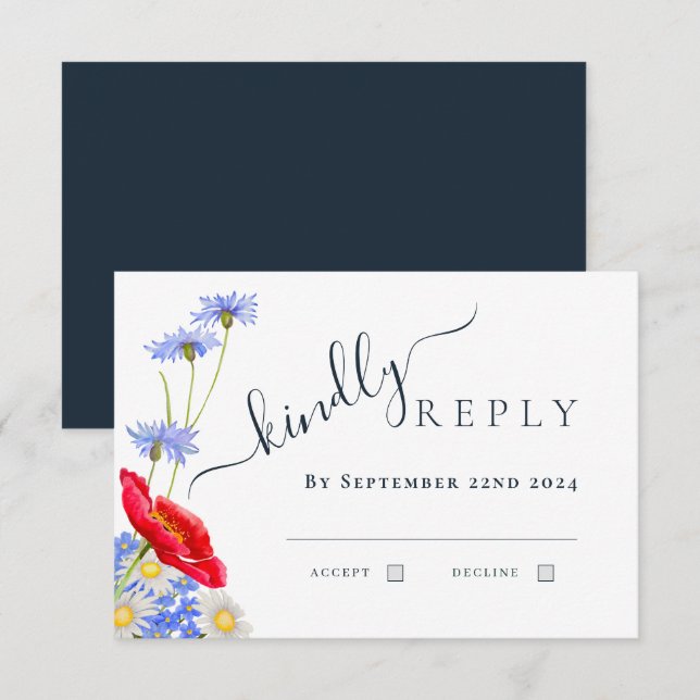Cartons Réponse Bleu moderne Élégant Mariage Floral Été (Devant / Derrière)
