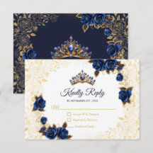 Bleu Nuit Couronne Dorée Fleur Rose Quinceañera