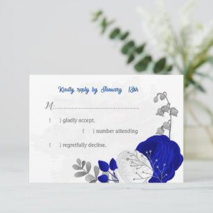 Cartons Réponse bleu royal et fleurs blanches argent mariage botan