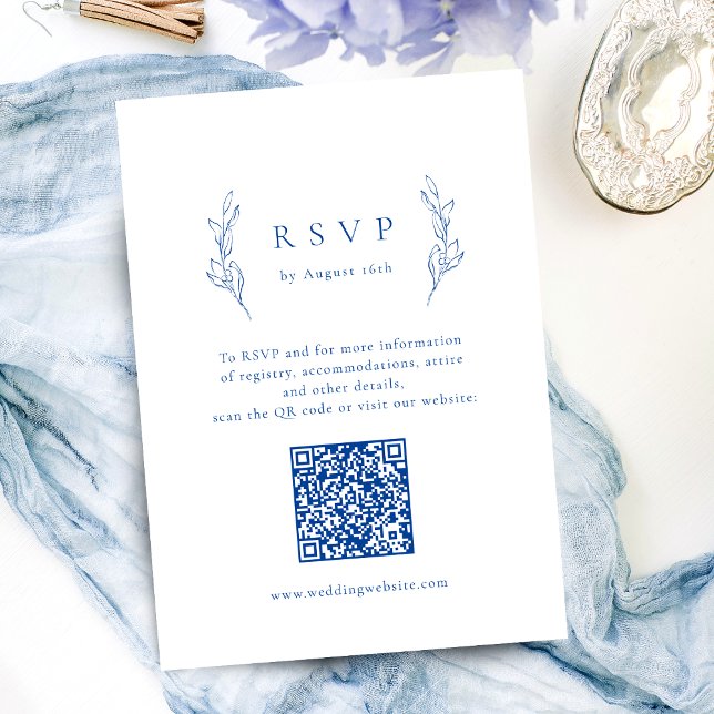 Cartons Réponse Bleu simple élégance botanique code QR mariage (Blue simple elegance botanical QR code wedding RSVP Card)
