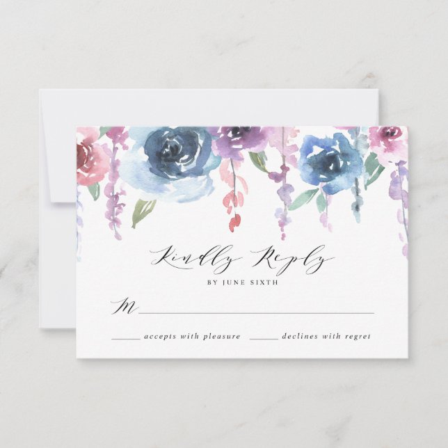 Cartons Réponse Blooms de minuit | Mariage floral pourpre et bleu (Devant)