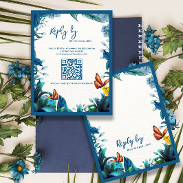 Cartons Réponse Blue Botanical Butterfly QR Code Wedding reply By