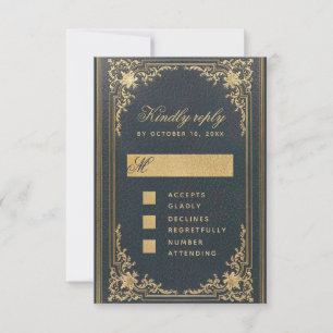 Cartons Réponse Blue Elegant Vintage Faux Gold Calligraphie Mariag