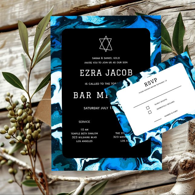 Cartons Réponse Blue Marble Star de David Custom Bar Bat mitzvah (Blue Marble Star of David Custom Bar Bat Mitzvah RSVP Card
)