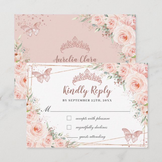 Cartons Réponse Blush Floral Rose Gold Butterfly Quinceañera Répon (Devant / Derrière)