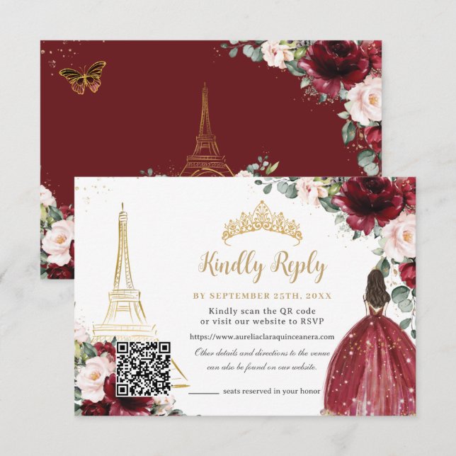 Cartons Réponse Blush Pink Floral Gold Paris Quinceañera QR Code (Devant / Derrière)