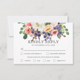 Cartons Réponse Blush Purple Blanc Floral Mariage Choix de repas