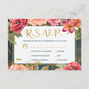 Cartons Réponse Blush rose floral or marine typographie mariage rs
