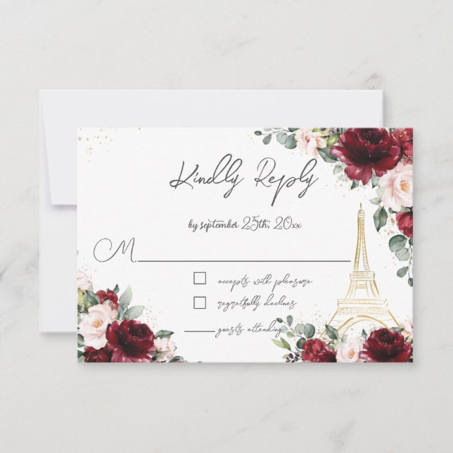 Cartons Réponse Blush Rose Floral Or Paris Eiffel Quinceañera (Devant)