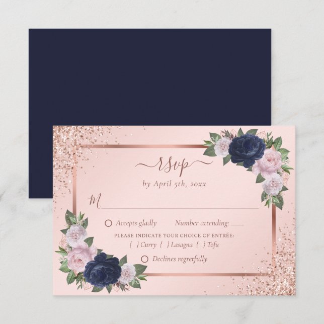 Cartons Réponse Blush Rose Gold Navy Blue Floral Mariage Repas (Devant / Derrière)