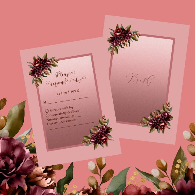 Cartons Réponse Blush Rose Gold Script - Burgundy floral wedding (Créateur téléchargé)