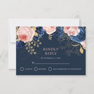 Cartons Réponse Blush Rose & Midnight Navy Florals Mariage élégant