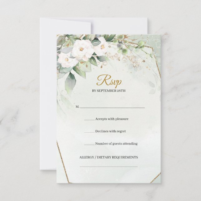 Cartons Réponse Boho aquarelle blanche roses eucalyptus cadre or (Devant)