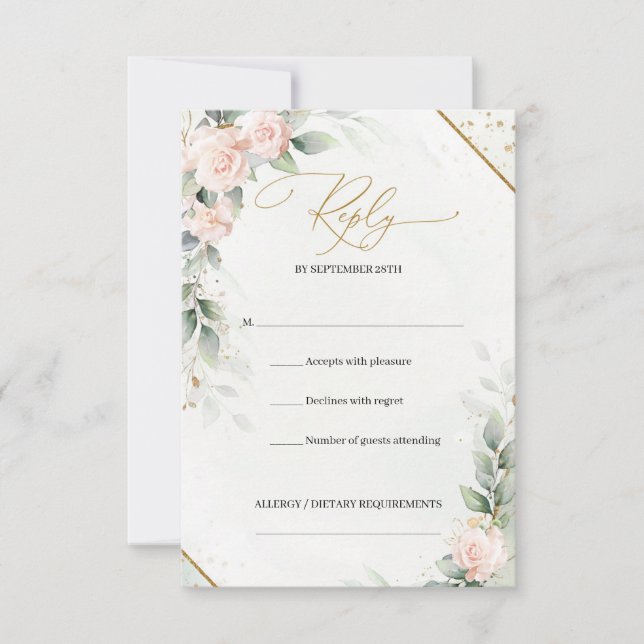 Cartons Réponse Boho aquarelle blush roses eucalyptus cadre or (Devant)