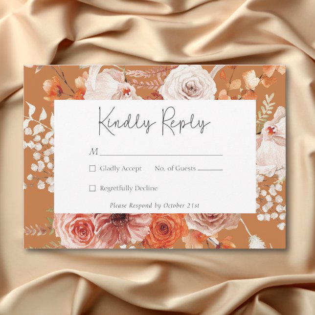 Cartons Réponse Boho Burange Chute Florale Monogramme Rust (Boho Burnt Orange Fall Floral Monogram Rust RSVP Card)