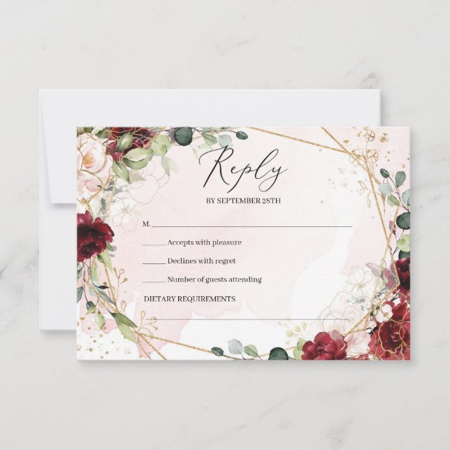 Cartons Réponse Boho burgundy fleurie or mariage géométrique (Devant)
