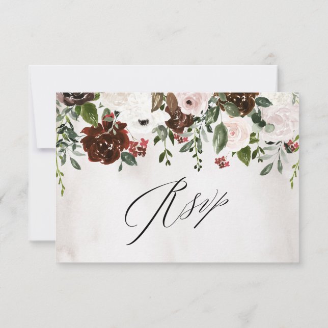 Cartons Réponse Boho Burgundy Rose Rose Aquarelle Mariage Floral (Dos)