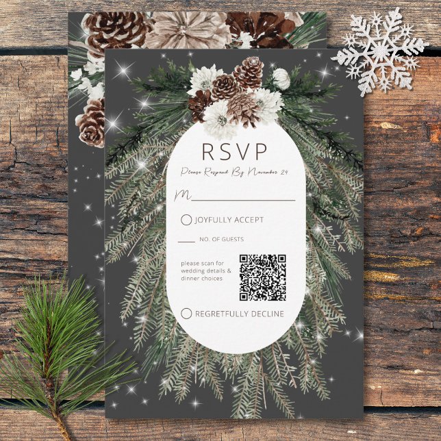 Cartons Réponse Boho Charcoal Pine Winter Sparkle QR Code (Boho Charcoal Pine Winter Sparkle QR Code RSVP Card)