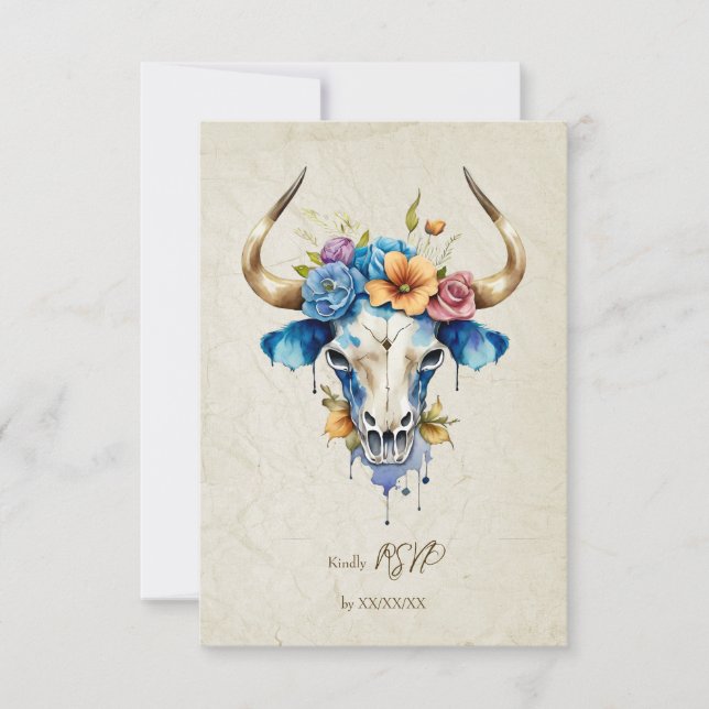 Cartons Réponse Boho Chic Aquarelle Floral Vache Mariage crâne (Devant)