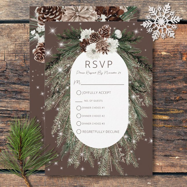 Cartons Réponse Boho Cocoa Pine Hiver Étincelle Trois Dîners (Boho Cocoa Pine Winter Sparkle Three Dinner RSVP Card)