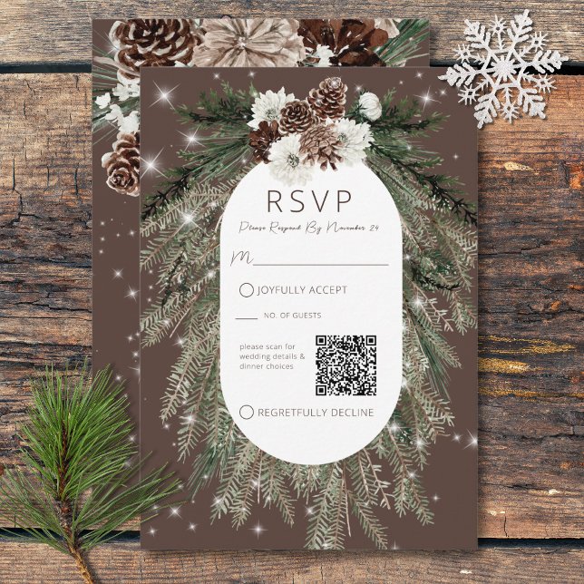 Cartons Réponse Boho Cocoa Pine Winter Sparkhe QR Code (Boho Cocoa Pine Winter Sparkle QR Code RSVP Card)