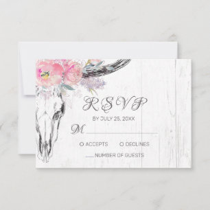 Cartons Réponse Boho crâne de vache rustique Floral Aquarelle rose