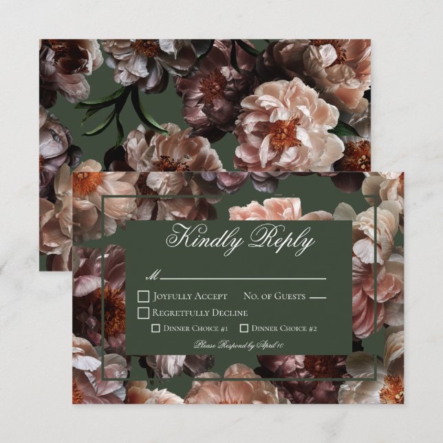Cartons Réponse Boho Dark Peony Flowers Mariage moderne (Devant / Derrière)