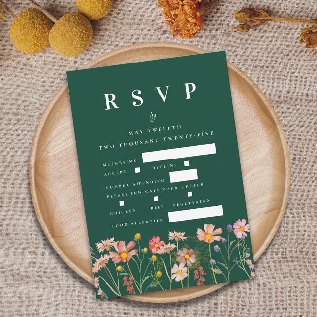 Cartons Réponse Boho Fleur sauvage Floral Options de repas Mariage (Boho fall Wildflower floral dark green Wedding rsvp card watercolor flowers elegant modern)