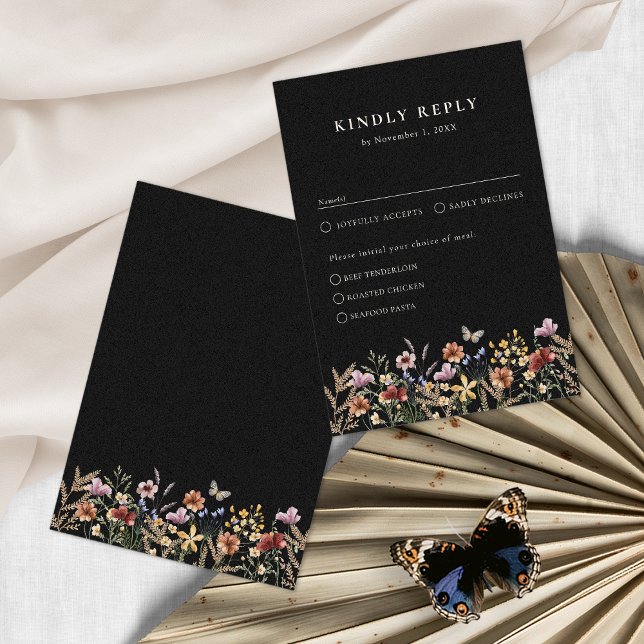 Cartons Réponse Boho Floral Avec Repas (Moody Black Boho Floral With Meals RSVP Card by Painted Paperie
)