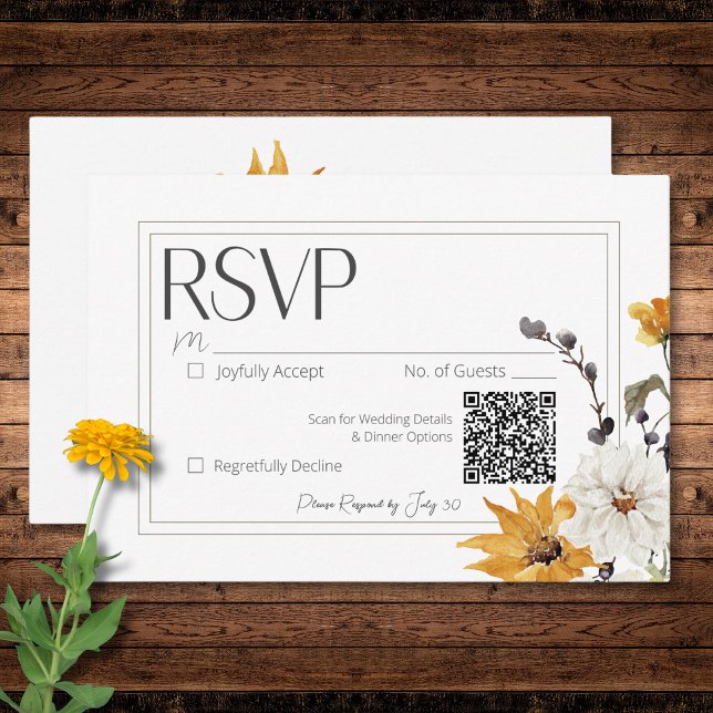 Cartons Réponse Boho Golden Yellow Meadow Fleurs Blanc QR Code (Boho Golden Yellow Meadow Flowers White QR Code RSVP Card)