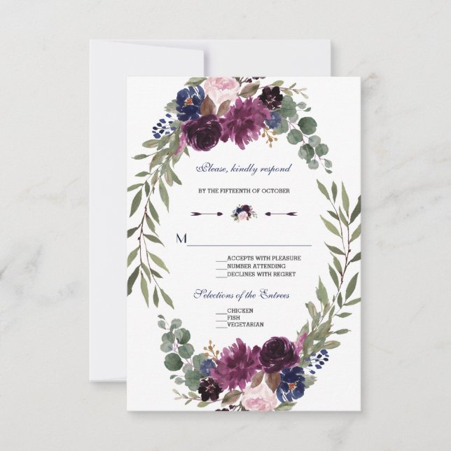 Cartons Réponse Boho Merlot Marine Blue Floral Antlers Mariage RSV (Devant)