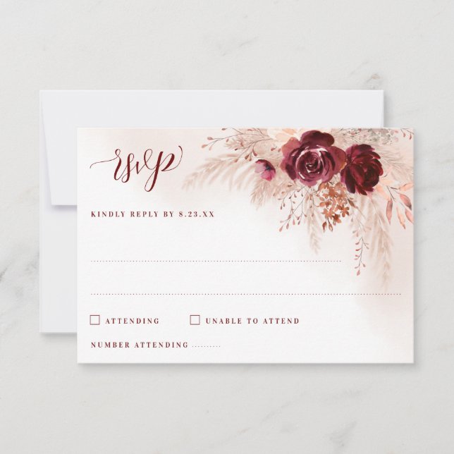 Cartons Réponse Boho Pampas Grass Bourgogne Rose Floral Mariage (Devant)