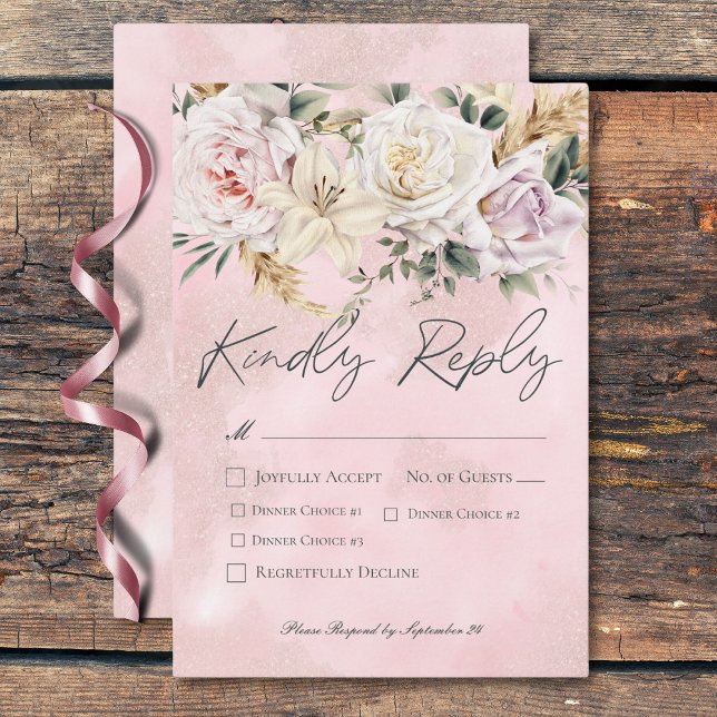 Cartons Réponse Boho Pampas & Roses Rose Dîner Mariage (Boho Pampas & Pink Roses Wedding Dinner RSVP Card)