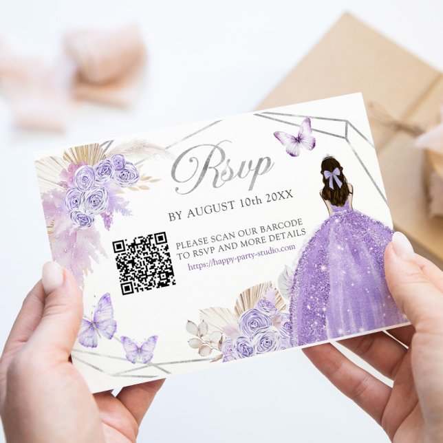 Cartons Réponse Boho Purple Silver Floral Butterfly Quinceañera QR (Créateur téléchargé)