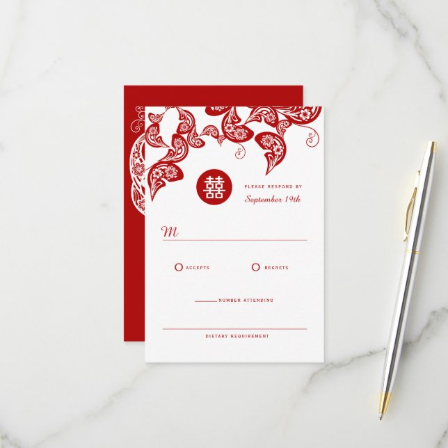 Cartons Réponse Boho rouge Floral Peacock Élégant Mariage chinois (Devant/Arrière en situation)