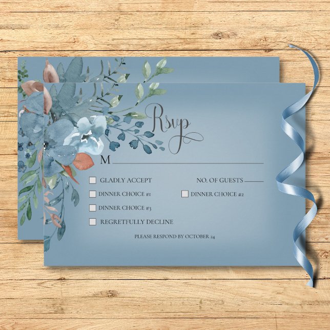 Cartons Réponse Boho Rust & Blue Floral Mariage Dîner Bleu (Boho Rust & Blue Floral Wedding Blue Dinner RSVP Card)