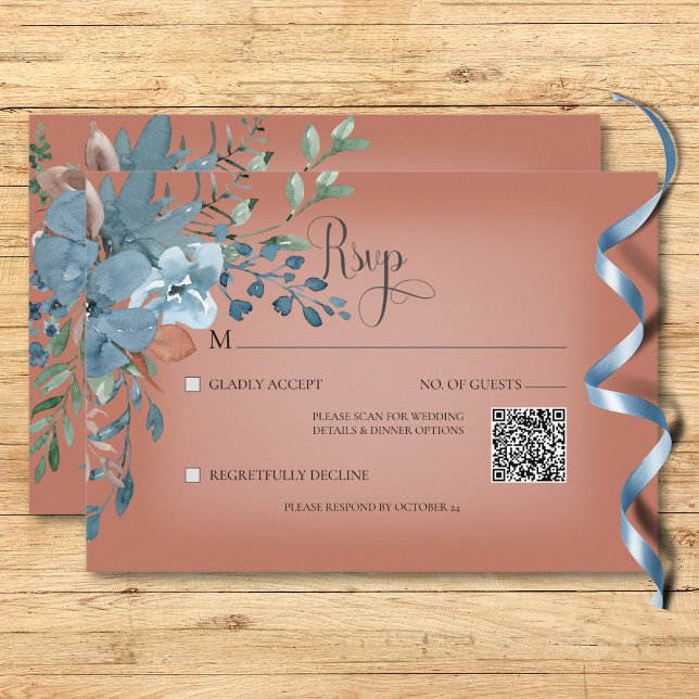 Cartons Réponse Boho Rust & Blue Floral Mariage Rust QR Code (Boho Rust & Blue Floral Wedding Rust QR Code RSVP Card)