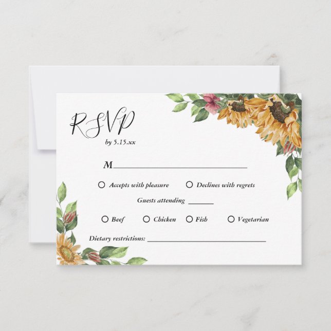Cartons Réponse Boho Sunflower Restrictions alimentaires Mariage (Devant)