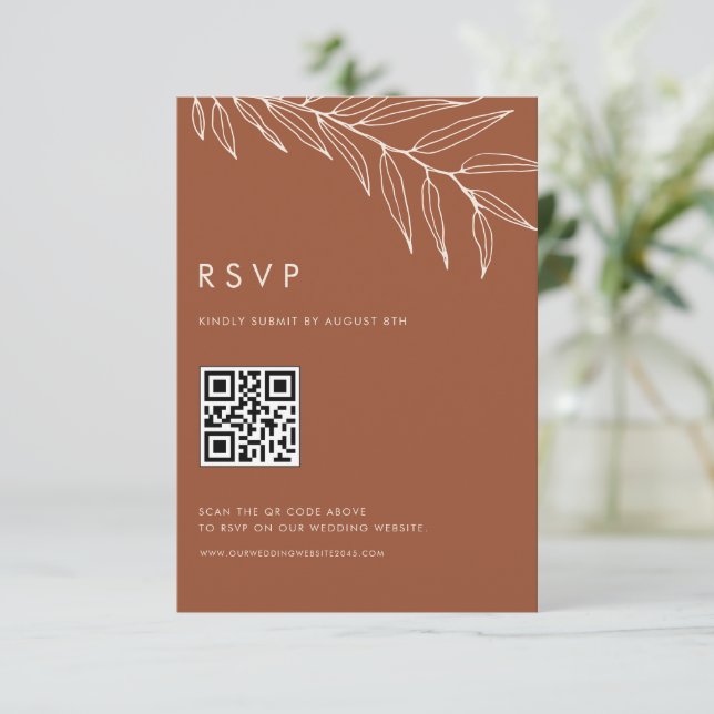 Cartons Réponse Boho Terracotta Minimalist Foliage Mariage QR Code (Debout devant)