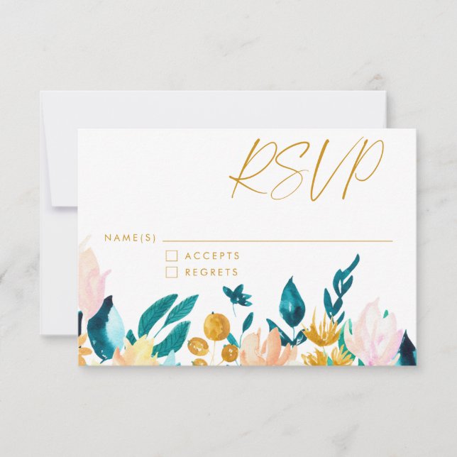 Cartons Réponse Boho Turquoise bleu et or aquarelle Mariage floral (Devant)