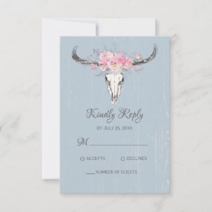 Cartons Réponse Boho Vache Crâne Floral Blush Aquarelle rose Bleu