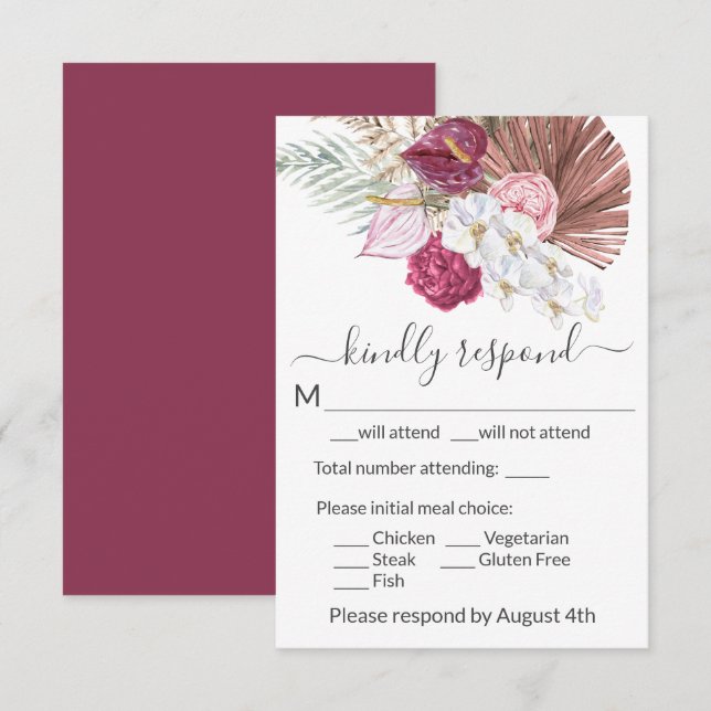 Cartons Réponse Boho White Orchidées Blush Burgundy Floral Mariage (Devant / Derrière)